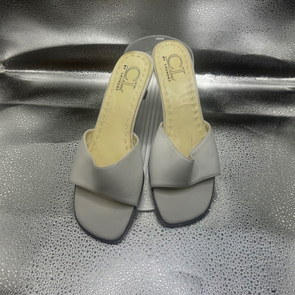 CL by Laundry Womens Off White Square Toe Kitten Heel Slide Sandals Size 7.5
